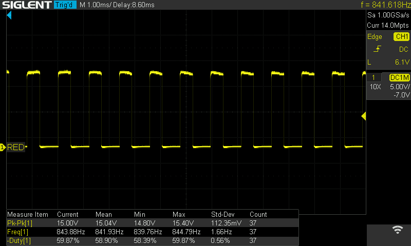 Oscilliscope screenshot showing 840Hz signal