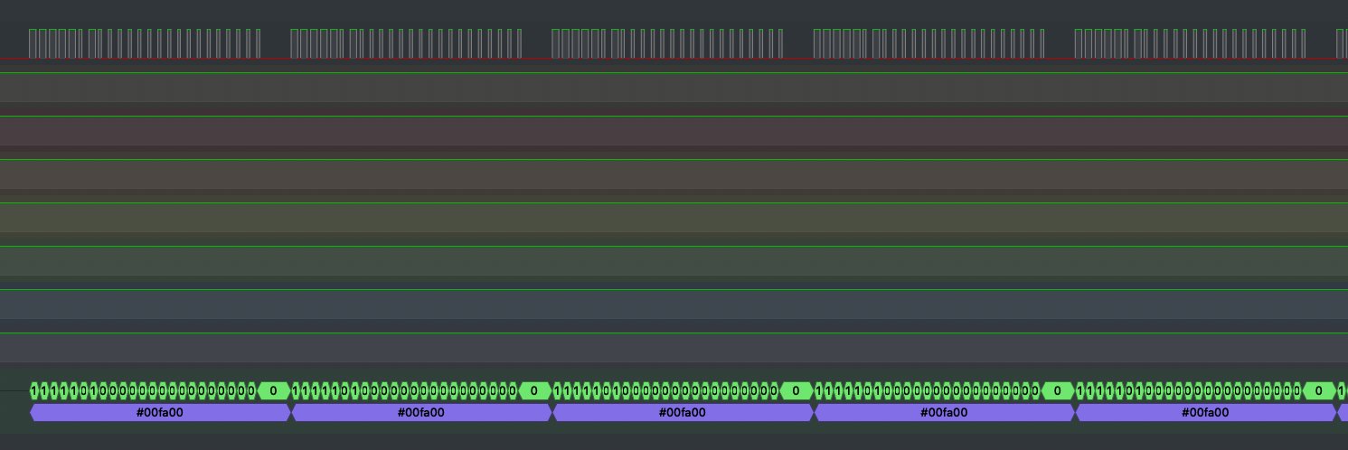 A screenshot from PulseView, showing high and low signal pulses decoded to hexadecimal color codes